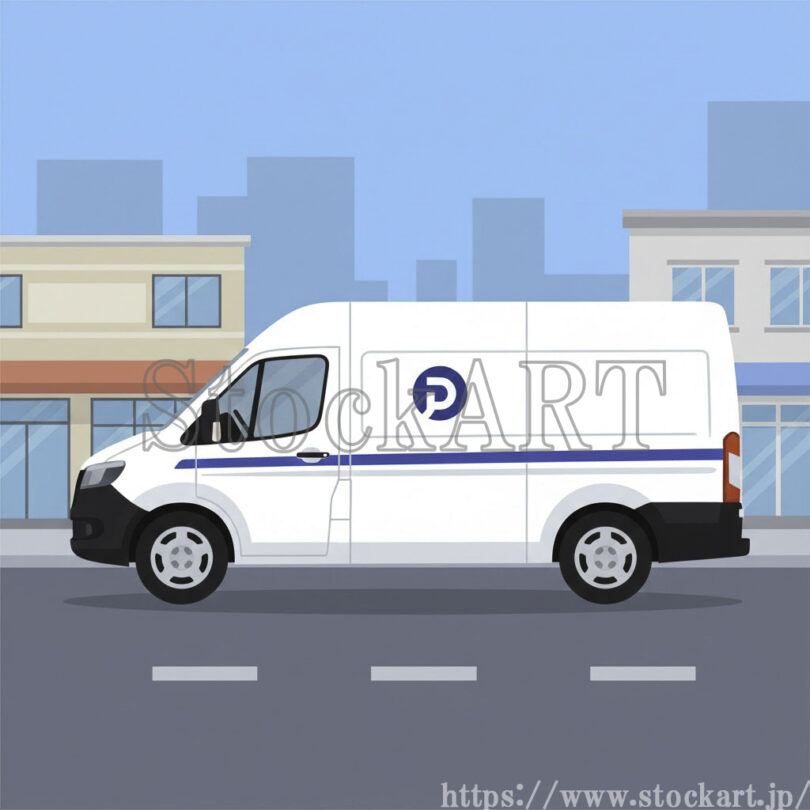 都市部を走行する配送物流バンのイラスト