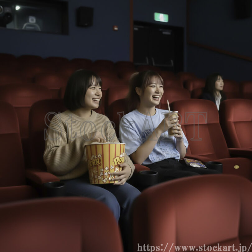 映画館でポップコーンを食べながら楽しむ女性二人